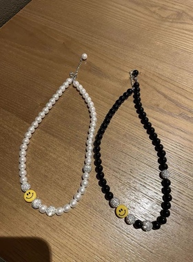 韩国首饰品珍珠串珠气质笑脸项链锁骨链黑色满钻超闪