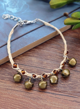 唯美拉菲草百搭手链女小铃铛樱桃