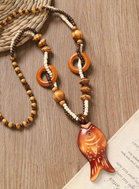 民族风木质项链复古长款毛衣链