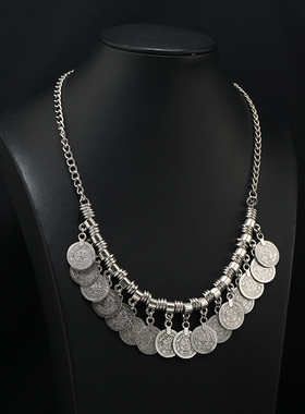 欧美复古民族风银色钱币项链女