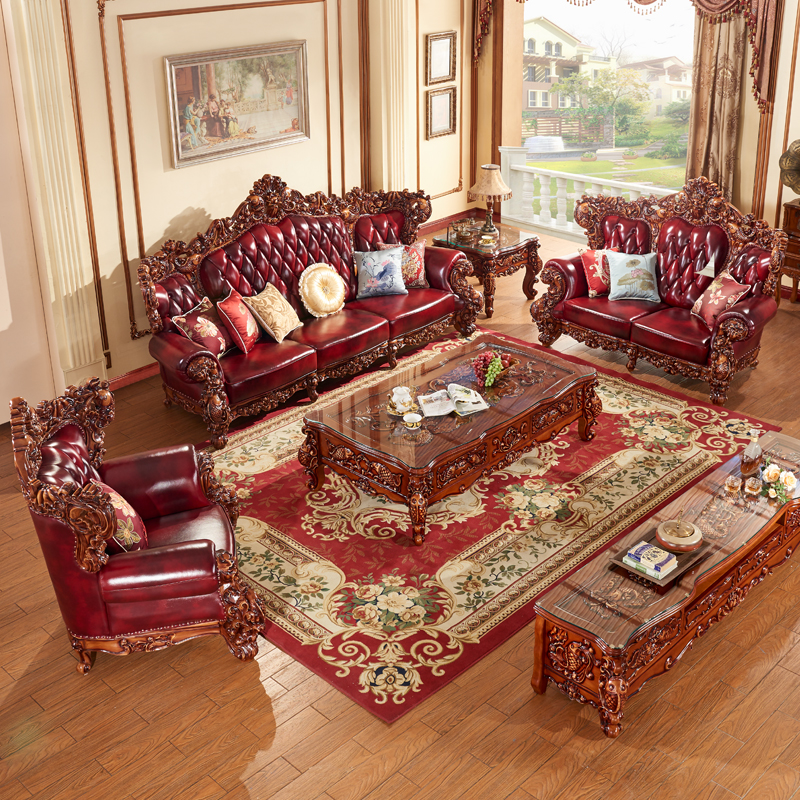 欧式真皮沙发 高档实木雕花客厅皮艺沙发组合大小户欧式住宅家具