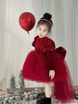 YFY Winter Girl Red Sequin Dress Superior Gown butterfly knot Fairy Temperament festive New Year Christmas