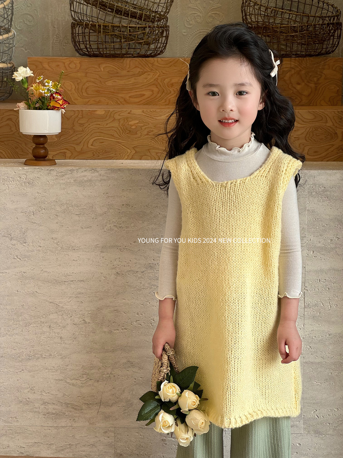 YFY春季女童韩版针织毛衣裙马甲背心裙喇叭裤套装洋气两色连衣裙
