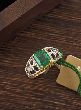 复古18气质K高级金镶嵌祖母绿钻石戒指奢华锆石设计感女时尚