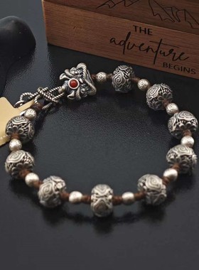 西藏925纯银手工编织手绳情侣款藏式设计平安纳福松平石手链手串