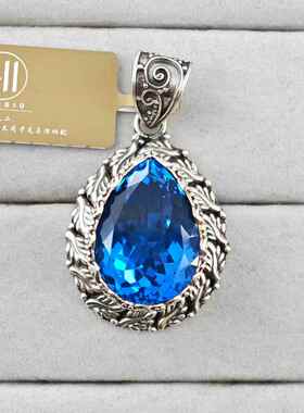 复古气质托帕石吊坠925纯银镶嵌高级复古宫廷做旧银饰吊坠