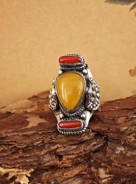 天然蜜蜡戒指925纯银男女款