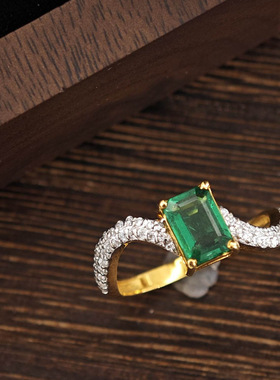 高级18复古K气质金镶嵌祖母绿戒指感高级奢华气质闭口开口戒指