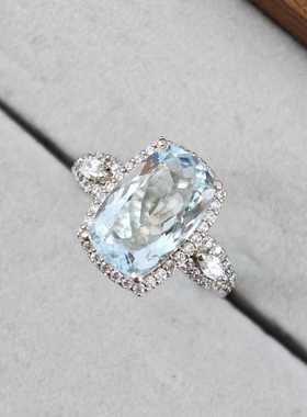 s925纯银闭口戒指镶嵌海蓝宝石戒面轻奢女小众设计高级感