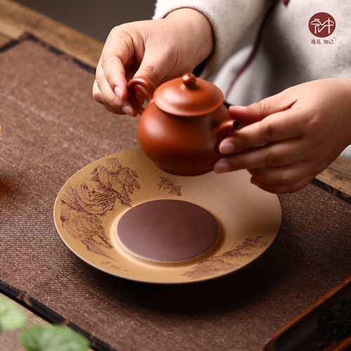 宏中 紫砂壶承干泡台手工刻绘托盘茶道具零配件精品干泡茶盘壶垫 - 图1