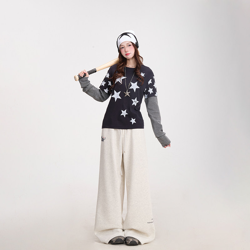 NERESUM复古星星条纹拼接长袖T恤女Y2K亚文化穿搭假两件短款上衣,淘宝优惠券,粉丝福利购,淘宝优惠卷