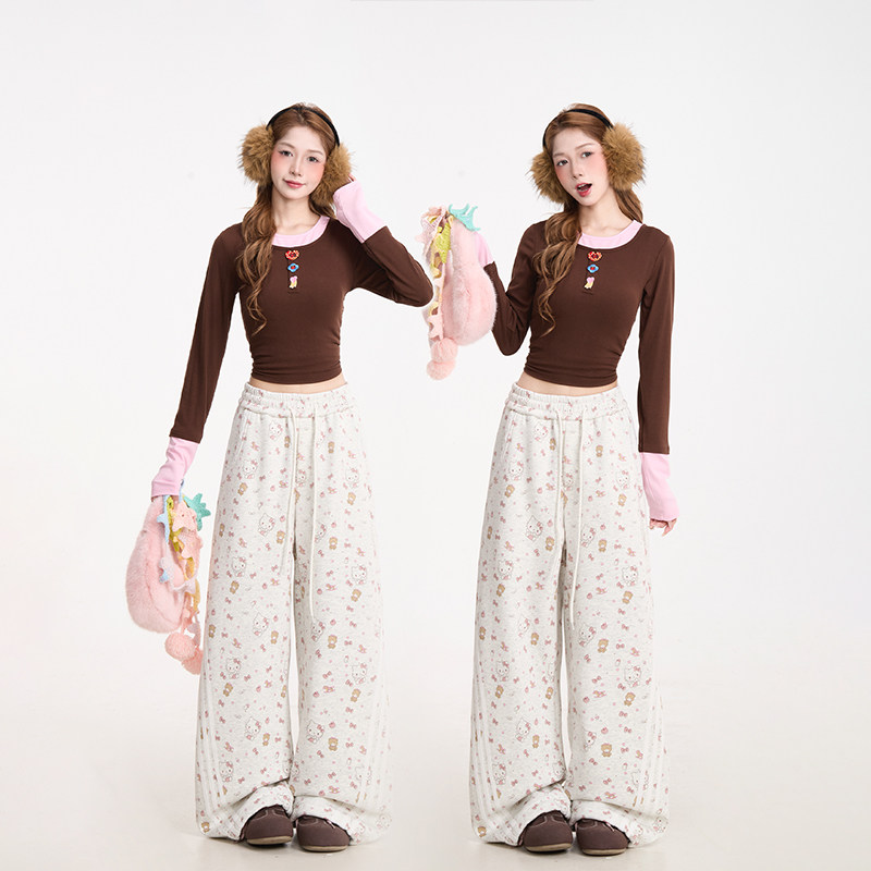 NERESUM裤子女满印Kitty猫条纹卫裤潮牌慵懒宽松运动裤秋季阔腿裤,淘宝优惠券,粉丝福利购,淘宝优惠卷