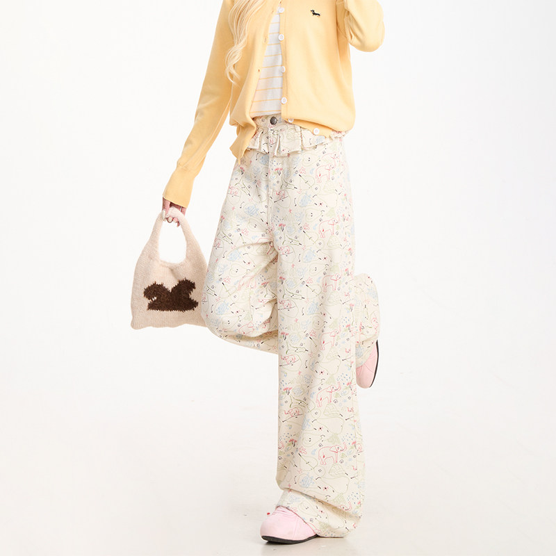 NERESUM韩系卡通满印直筒裤女潮牌宽松休闲裤垂感拖地百搭裤子,淘宝优惠券,粉丝福利购,淘宝优惠卷