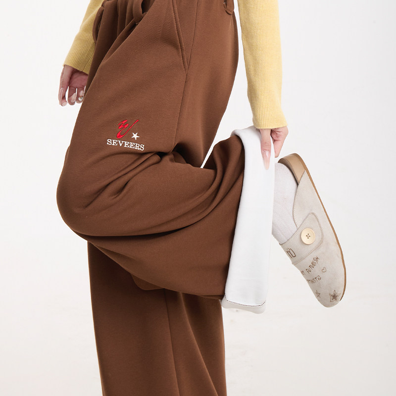 NERESUM豹纹腰带加绒卫裤女秋冬2025新款弯刀运动裤宽松阔腿裤,淘宝优惠券,粉丝福利购,淘宝优惠卷