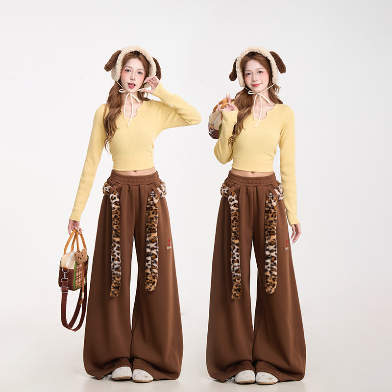 NERESUM豹纹腰带加绒卫裤女秋冬2025新款弯刀运动裤宽松阔腿裤,淘宝优惠券,粉丝福利购,淘宝优惠卷