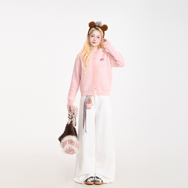 NERESUM豹纹拼接开衫外套刺绣连帽毛衣女秋冬慵懒复古短款针织衫,淘宝优惠券,粉丝福利购,淘宝优惠卷