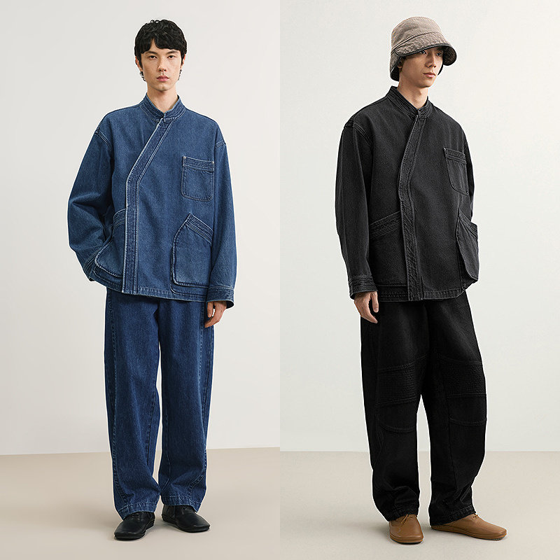 速写男装早春新款男士外套交领牛仔夹克新中式复古工装感棉质外套,淘宝优惠券,粉丝福利购,淘宝优惠卷