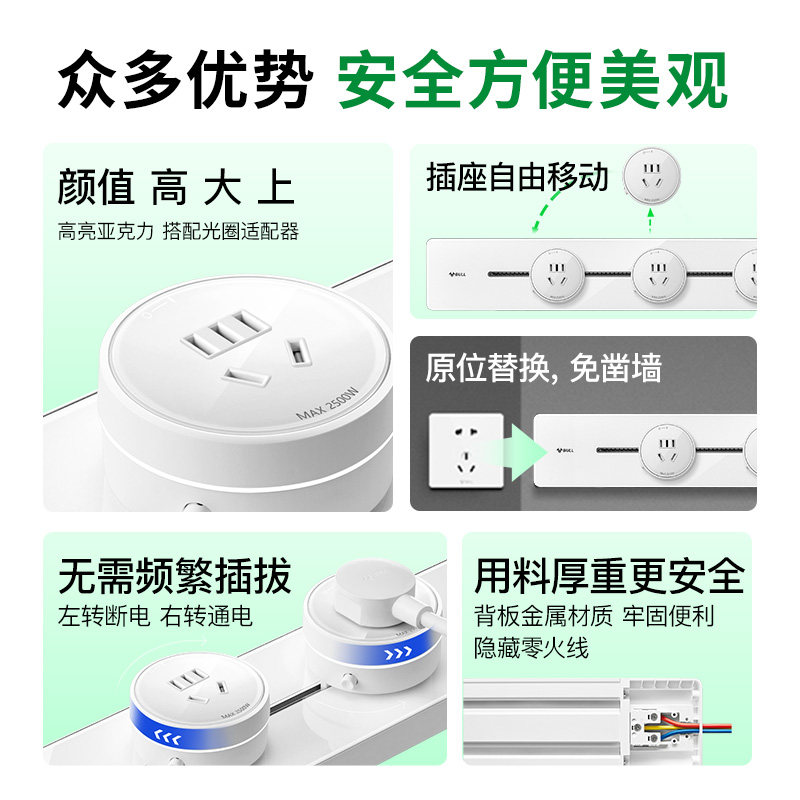 公牛可移动轨道插座厨房客厅卧室排插家用亚克力不带线,淘宝优惠券,粉丝福利购,淘宝优惠卷