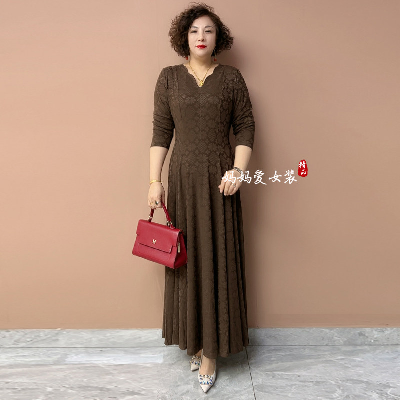 阔太太高端天丝提花连衣裙气质弹力大码时尚气质长款妈妈装大摆裙,淘宝优惠券,粉丝福利购,淘宝优惠卷