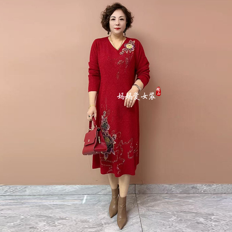 妈妈装时尚优雅绣花长款礼服裙秋冬中老年加肥宽松大码针织连衣裙,淘宝优惠券,粉丝福利购,淘宝优惠卷