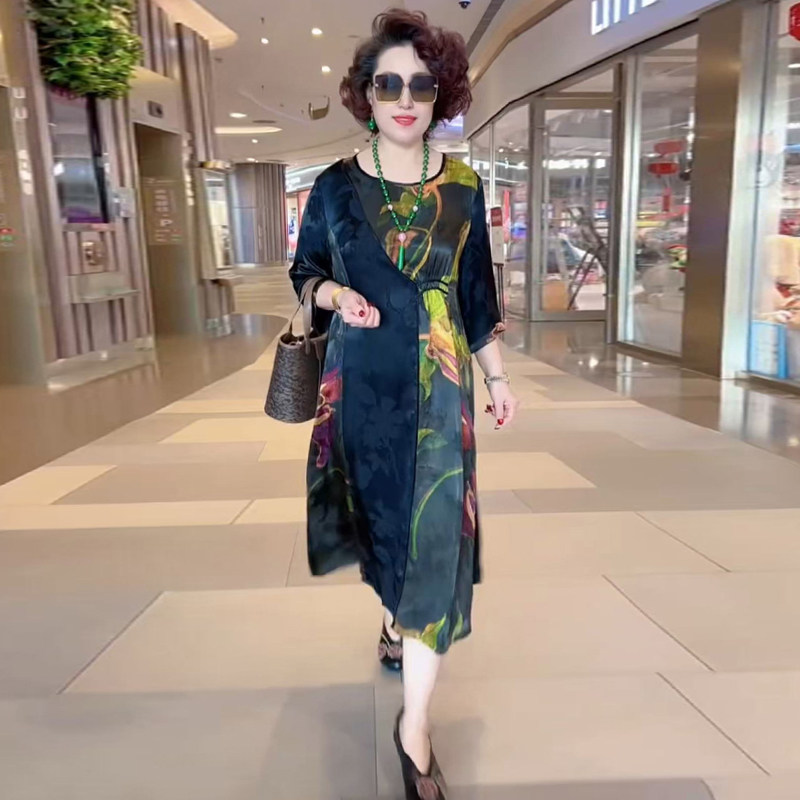 中年妈妈装国风连衣裙大码女装2025夏季高端洋气短袖真丝减龄裙子,淘宝优惠券,粉丝福利购,淘宝优惠卷
