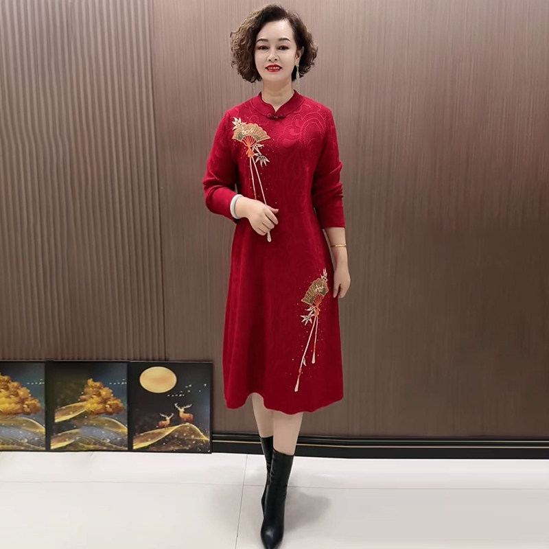 国风秋冬中老年妈妈装针织改良旗袍连衣裙气质减龄宽松遮肉毛衣裙,淘宝优惠券,粉丝福利购,淘宝优惠卷