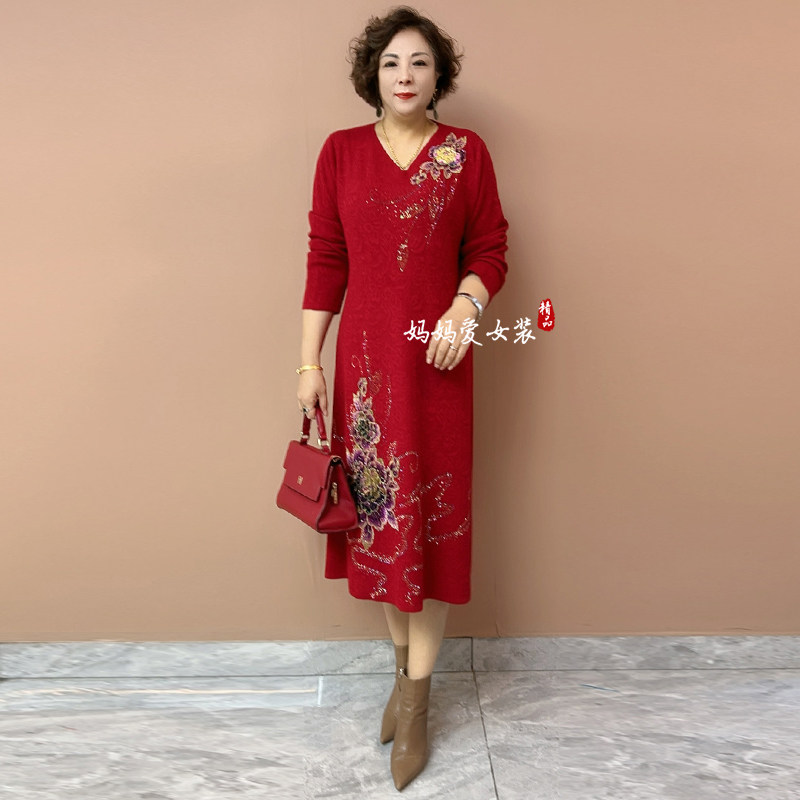 妈妈装时尚优雅绣花长款礼服裙秋冬中老年加肥宽松大码针织连衣裙,淘宝优惠券,粉丝福利购,淘宝优惠卷