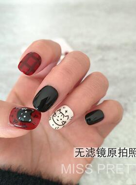 手绘猫咪撞色黑红白穿戴甲短方圆