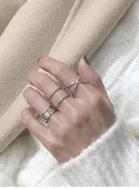 交叉线条925纯银戒指朋克设计感