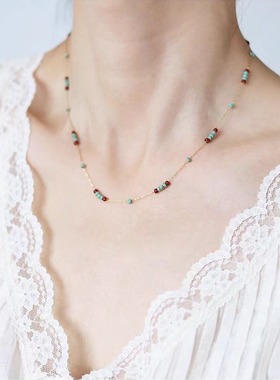 松石色串珠项链18k金不变色