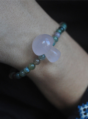 天然水晶蘑菇粉晶玛瑙项链