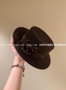 Ginger Milk新品 好品质羊毛优雅气质丝质玫瑰花钻饰平顶礼帽冬
