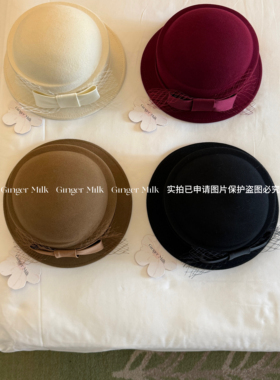 Ginger Milk新品 d家定制绵羊毛高质感蝴蝶结网纱定型礼帽新年冬