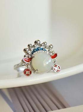 天然和田玉戒指女s925纯银古法