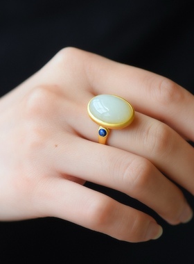 天然和田玉白玉蛋面戒指925银镶