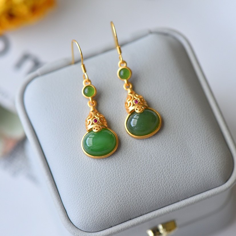 天然和田玉碧玉葫芦耳坠s925银镀金镶嵌女款玉石耳环耳饰礼物饰品,淘宝优惠券,粉丝福利购,淘宝优惠卷