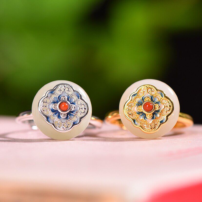 Vintage palace Hetian jade silver open ring
