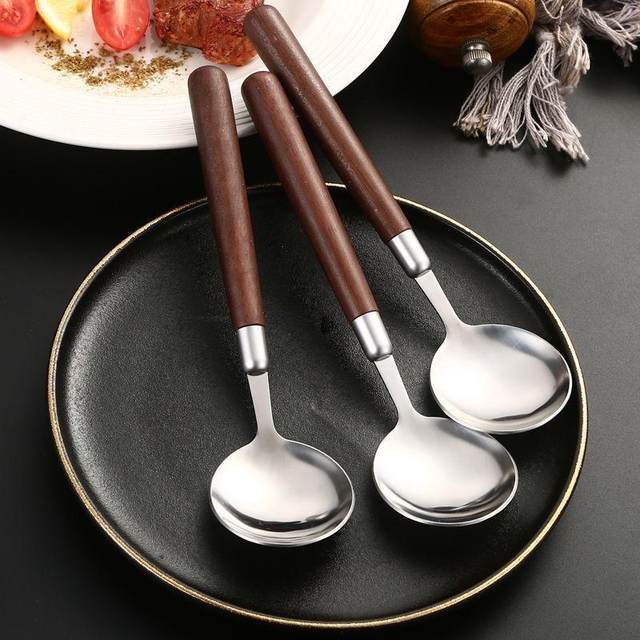 Imitation wood grain walnut color tableware stainless steel soup spoon hot pot spoon soup spoon soup split meal spoon retro home eating spoon