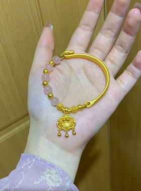 新款金色半镯和田玉长命锁粉晶平安锁如貔貅半月手链送闺密礼物