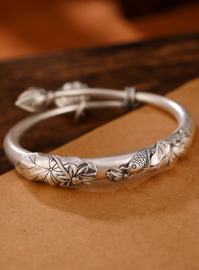 复古个性鲤鱼莲花荷叶莲蓬纯银复