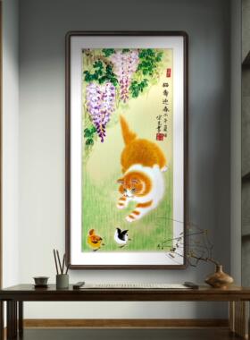 纯手绘工笔猫寿迎春国画紫藤橘猫雏鸡图中式客厅玄关吉祥花鸟挂画