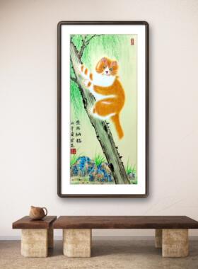 纯手绘工笔猫登高纳福国画柳树橘猫图中式客厅玄关吉祥花鸟挂字画