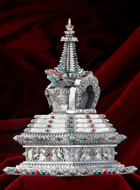 S999纯银做旧菩提塔镶嵌宝石家用供具摆件宝塔可打开宝塔高21cm