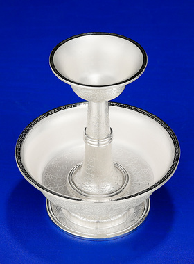 S990纯银护法杯供具尼泊尔手工八吉祥银供护法杯大号12.5cm