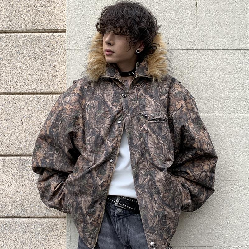 POH 24AW 落叶迷彩铆钉洗水做旧N2B短款连帽夹克棉服外套 - 图0