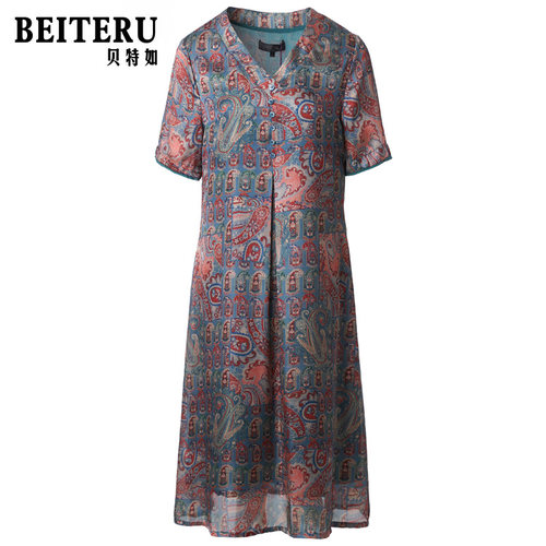 贝特如洋气妈妈连衣裙夏装新款V领短袖复古印花雪纺中长裙EL - 图3