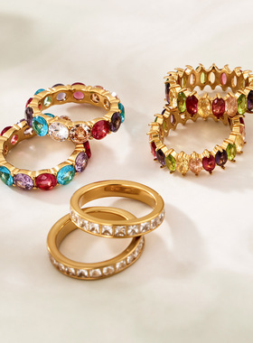 奢华满锆环形不锈钢戒指组合镀18k真金欧美排钻时尚尾戒新款批发