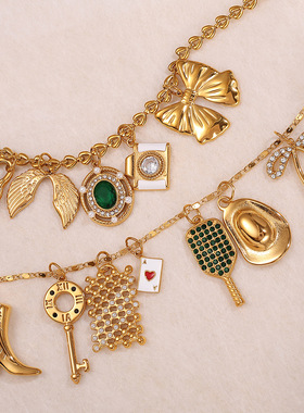 跨境不锈钢小众简约项链吊坠配件生活系列吊坠炉内真空电镀18K金