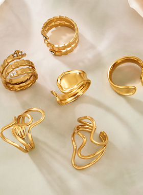 简约个性环保不锈钢材质戒指组合PVD镀真金保色欧美跨境潮流饰品