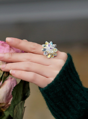 荆棘纯银水晶花朵戒指食指戒冰花